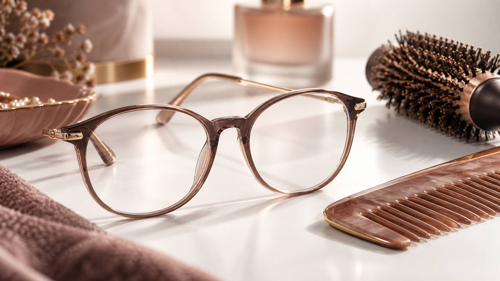 Gros plan sur une paire de lunettes de vue et un peigne sur fond ivoire