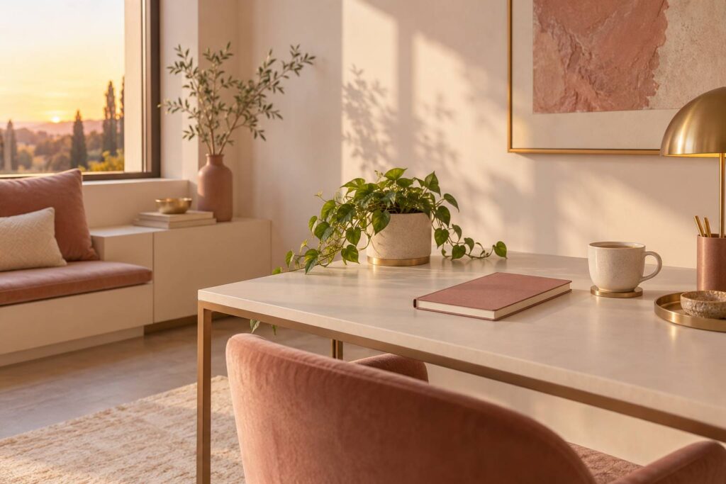 Interieur calme aux tons ivoire et or avec bureau, carnet et lumiere chaude