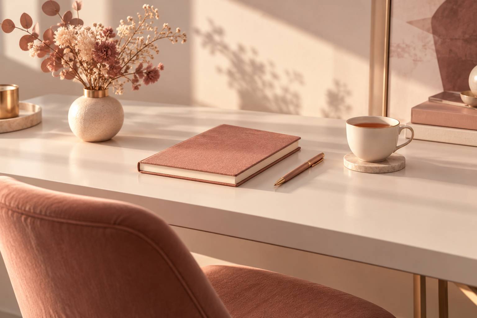 Coin bureau elegant avec carnet ferme, stylo et fleurs sechees