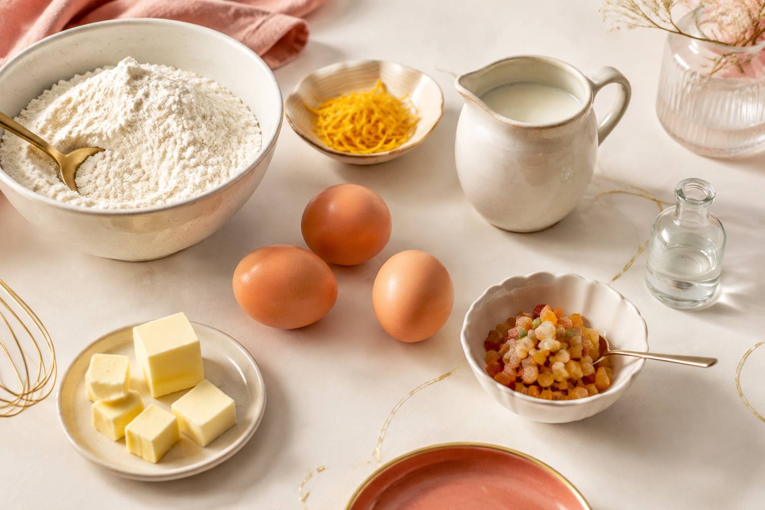 Farine, œufs, beurre, fleur d'oranger et fruits confits pour la brioche