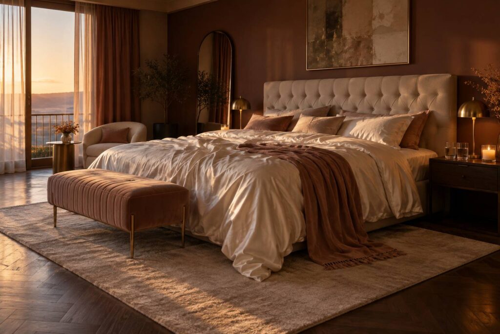 Chambre raffinée aux draps de satin vieux rose, ambiance intime non explicite