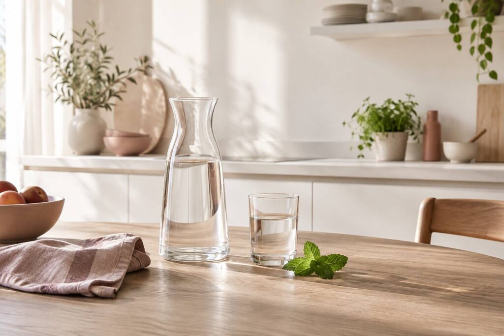 Carafe d'eau en verre et verre sur une table en bois dans une cuisine lumineuse