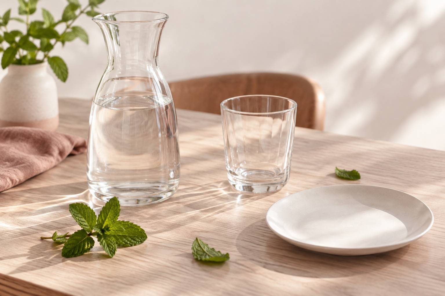 Carafe d'eau, verre et feuilles de menthe sur une table claire