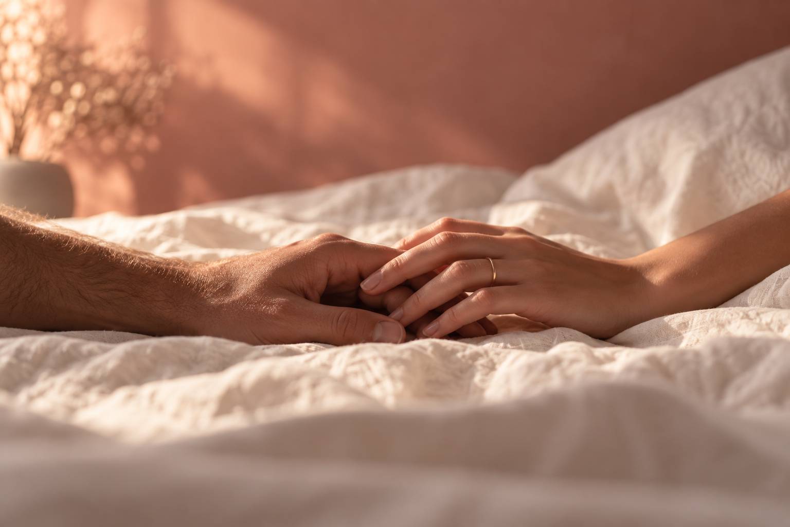 Deux mains qui se touchent avec tendresse sur un drap ivoire, aucun visage