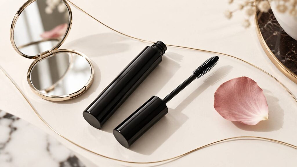 Tube de mascara waterproof générique sur fond ivoire avec filets dorés