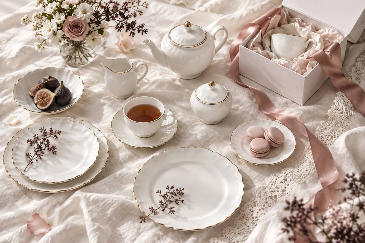Pieces de porcelaine et rubans poses sur du lin clair