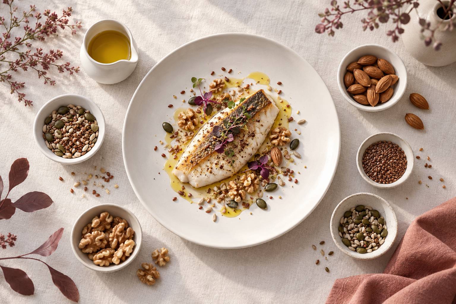Petits contenants de graines, noix et huile vegetale sur une nappe claire