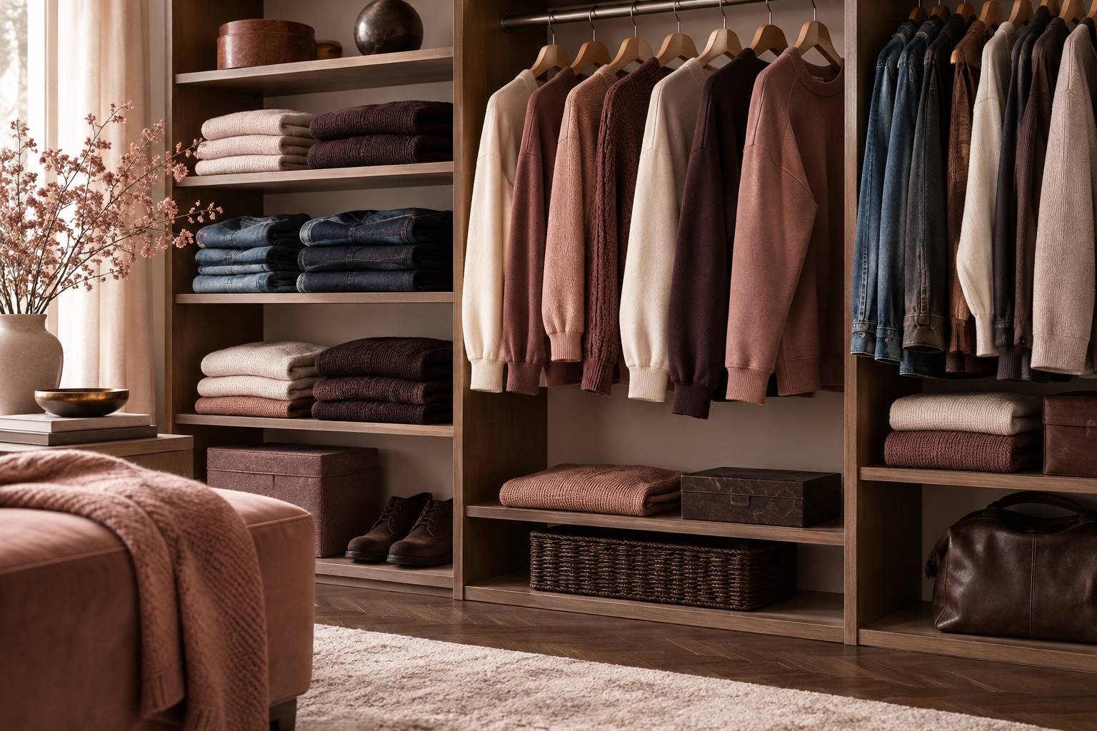Jean brut, t-shirt blanc et veste en jean sur un banc en bois clair