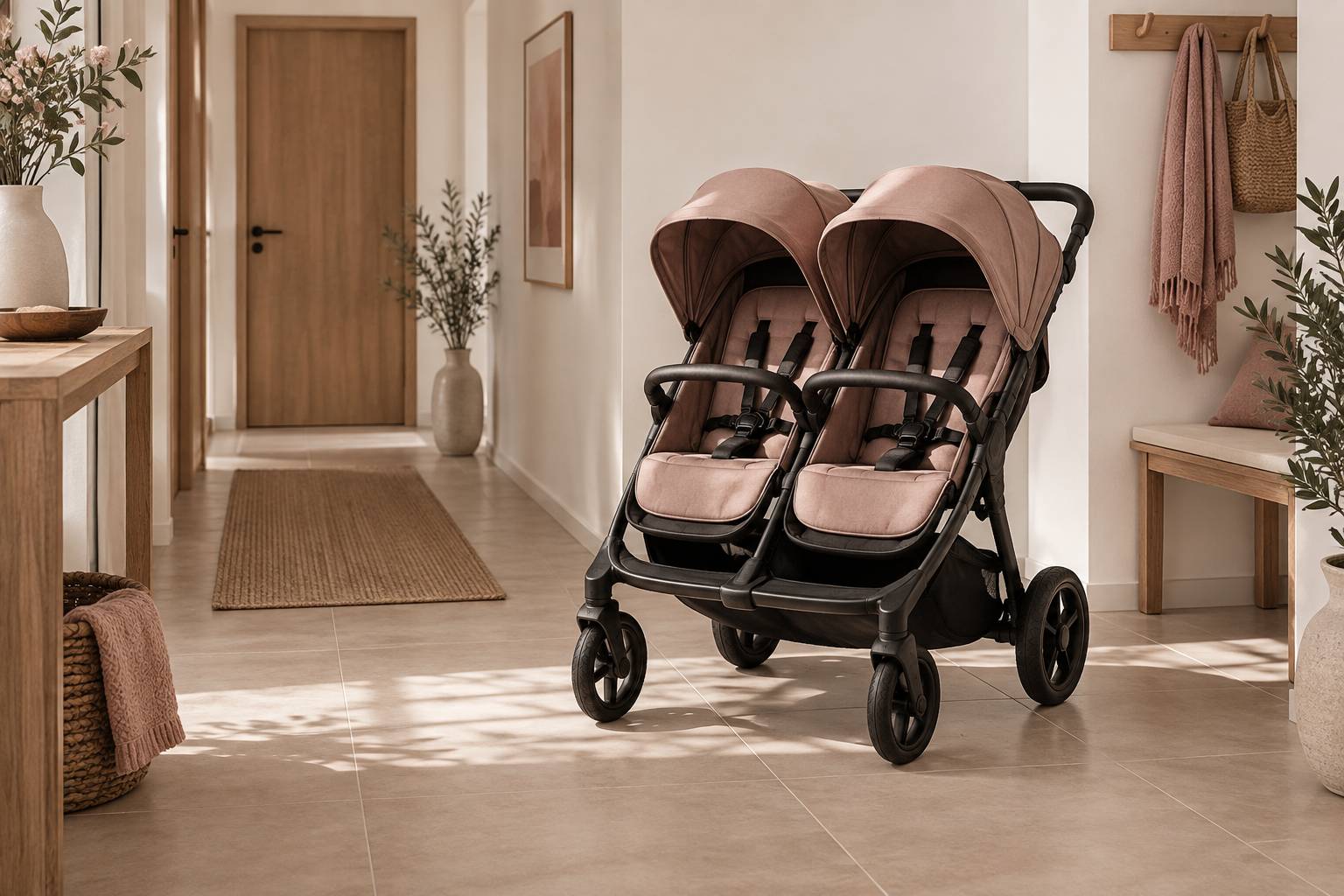 Poussette double generique vide stationnee dans un couloir clair