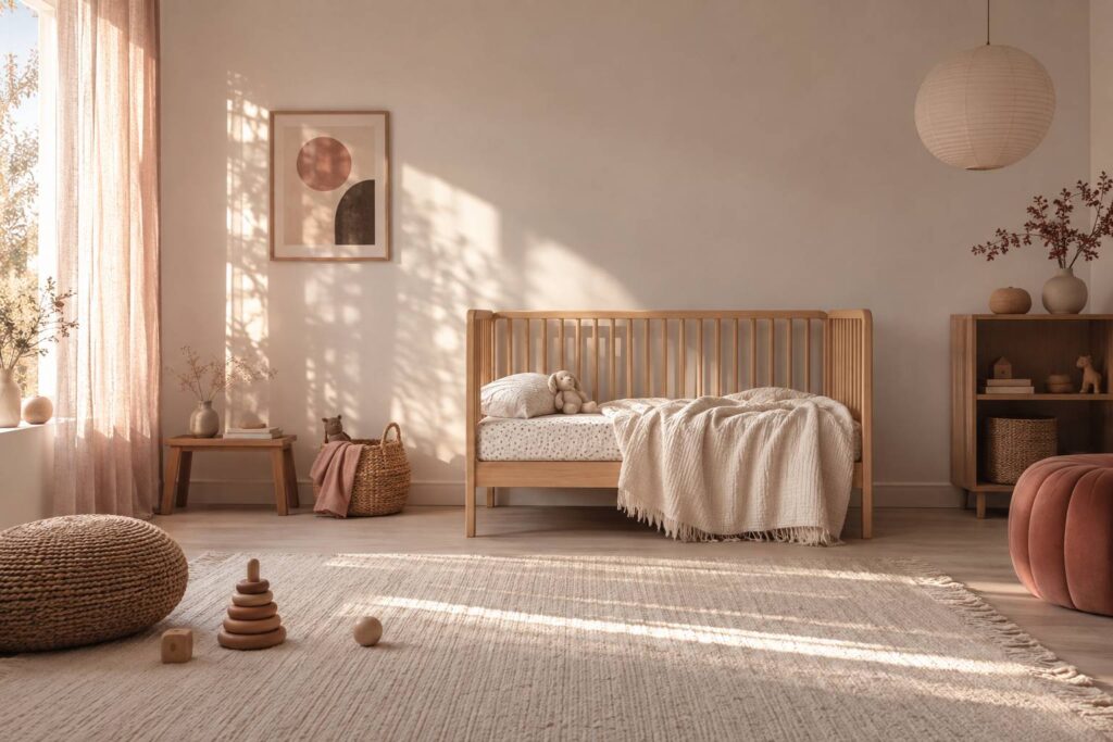 Chambre d'enfant apaisée en bois clair avec plaid crème et peluche