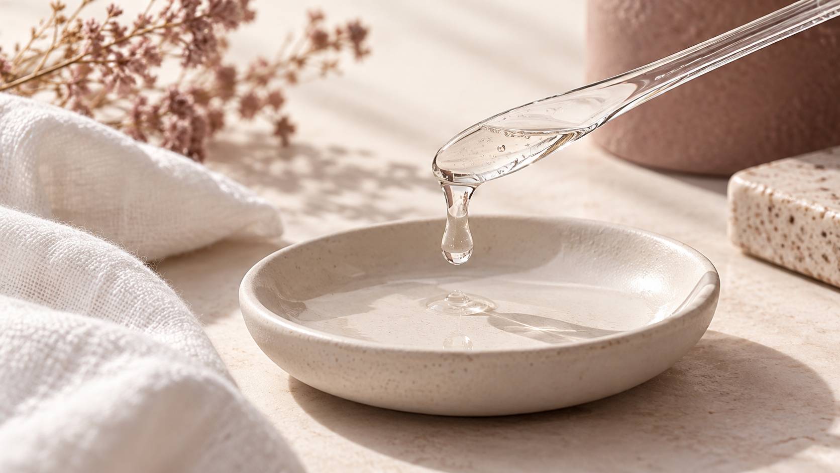 Goutte de serum translucide sur une spatule de verre avec coupelle claire