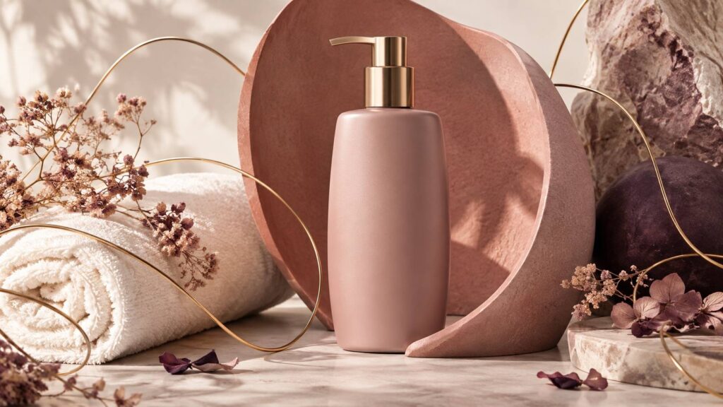 Flacon de shampooing générique sans étiquette dans un décor vieux rose et ivoire