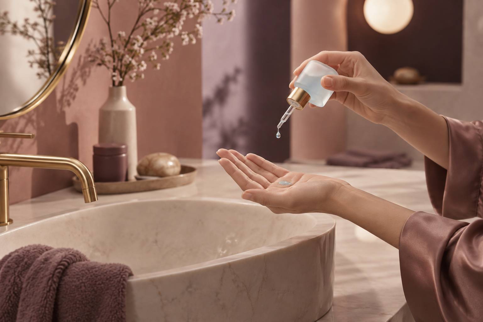 Goutte de soin versée sur une main, flacon générique en arrière-plan