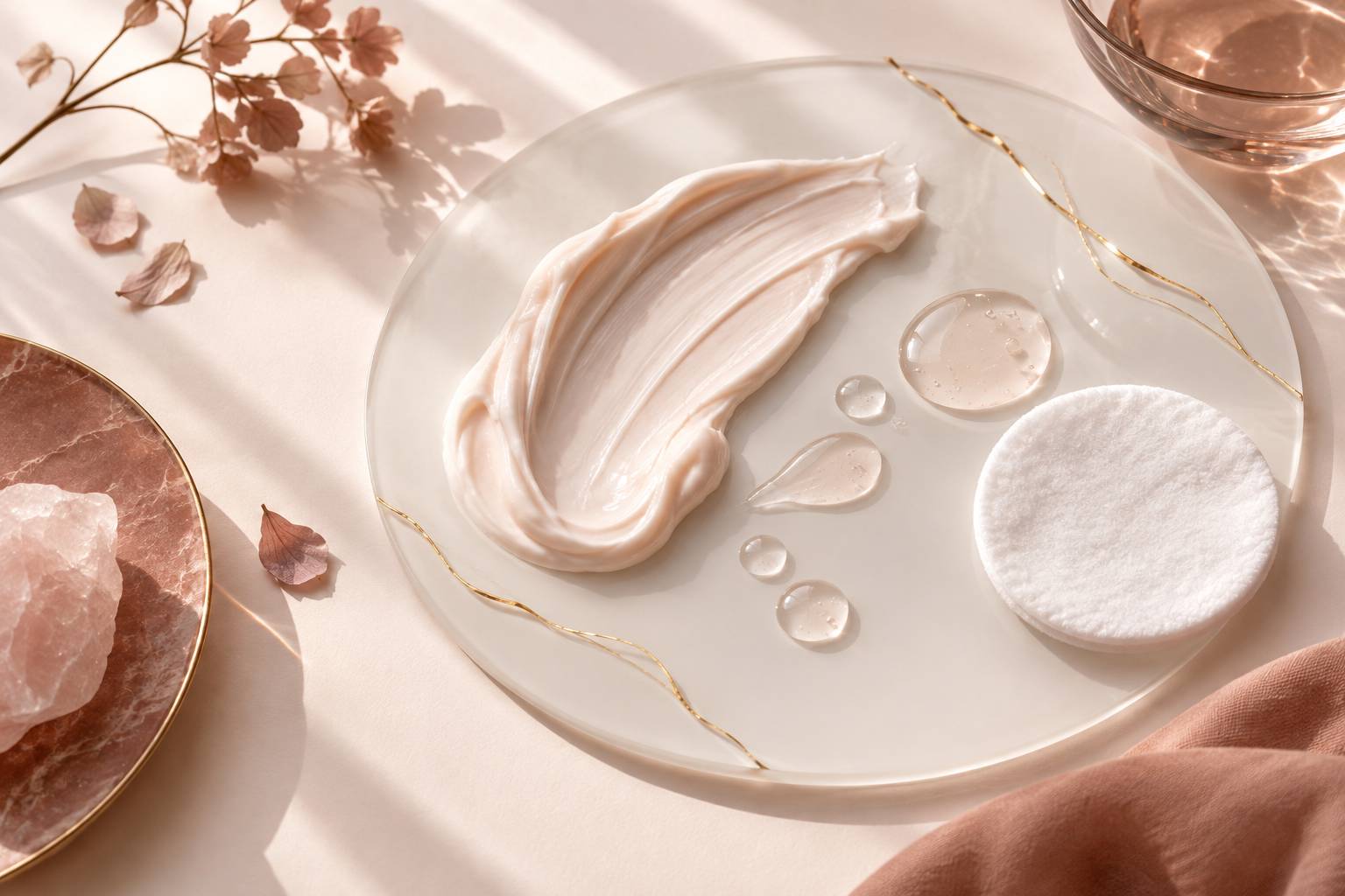 Textures de crème et de sérum sur verre laiteux avec reflets dorés
