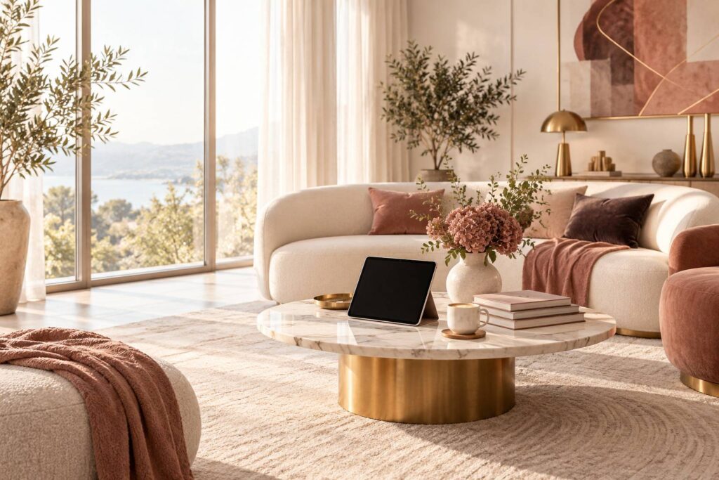 Interieur editorial lumineux avec tablette, magazines et tasse de cafe pres d'une fenetre
