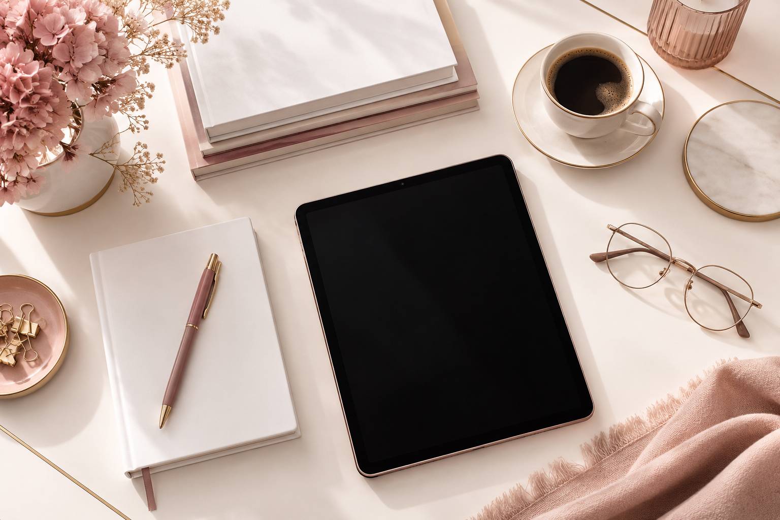 Coin lecture clair avec tablette eteinte, magazines fermes et tasse de cafe