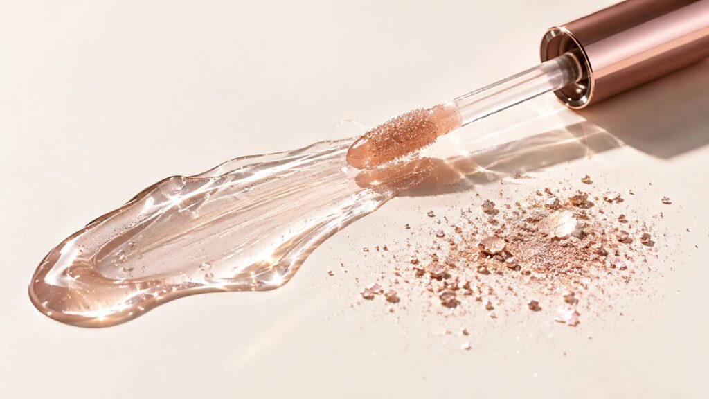 Applicateur de gloss transparent brillant posé sur fond neutre avec poudre nacrée