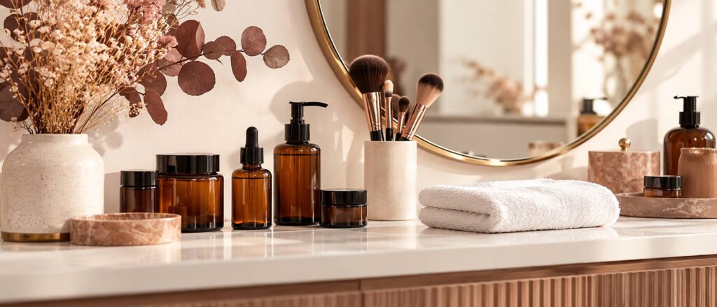 Pots et flacons ambrés sans étiquette alignés sur une coiffeuse avec miroir rond et pinceaux