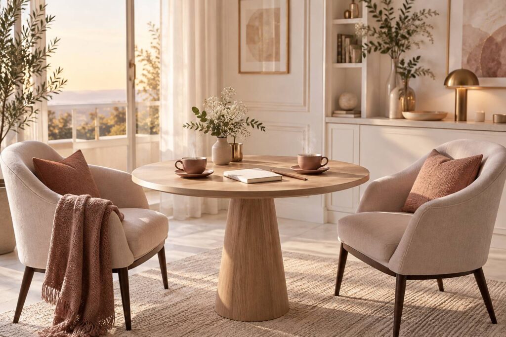 Deux tasses de cafe face a face sur une table en bois clair