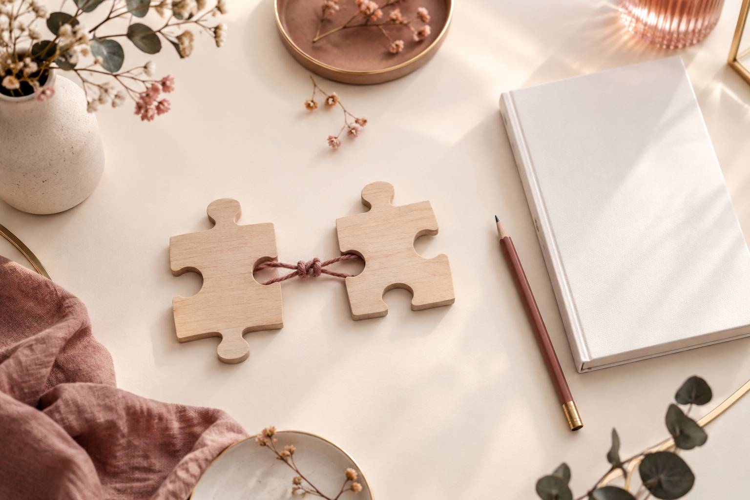 Deux pieces de puzzle et un fil de laine sur une surface creme