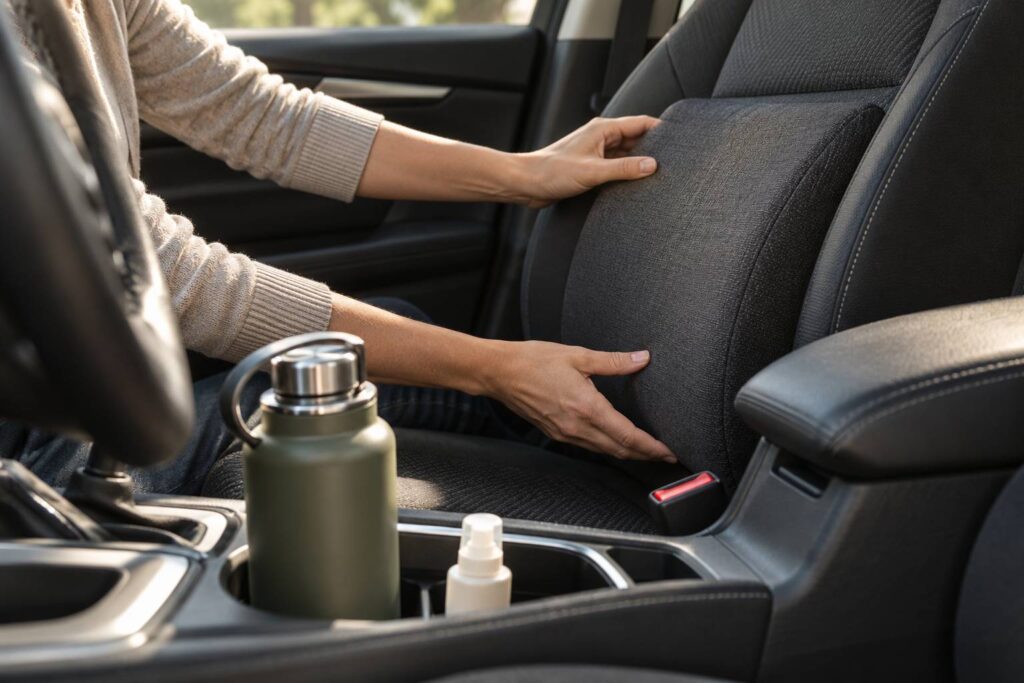 Illustration de détail sur le sujet : Conduire sans fatigue : posture, peau et hydratation pendant les longs trajets