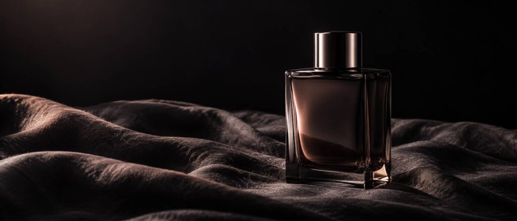 Flacon de parfum masculin sombre generique sur un tissu anthracite avec reflets rasants