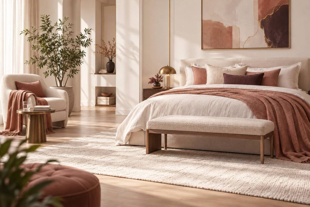 Chambre claire avec fauteuil beige et plante verte