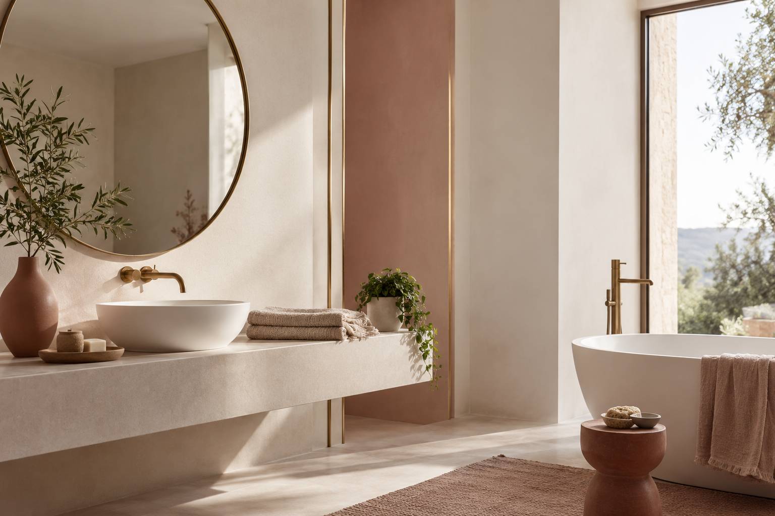 Salle de bain claire avec serviette beige et petite plante