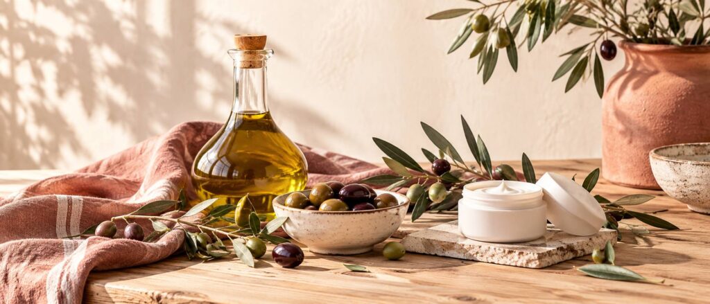 Bouteille d'huile sans étiquette, bol d'olives et pot de crème neutre sur lin