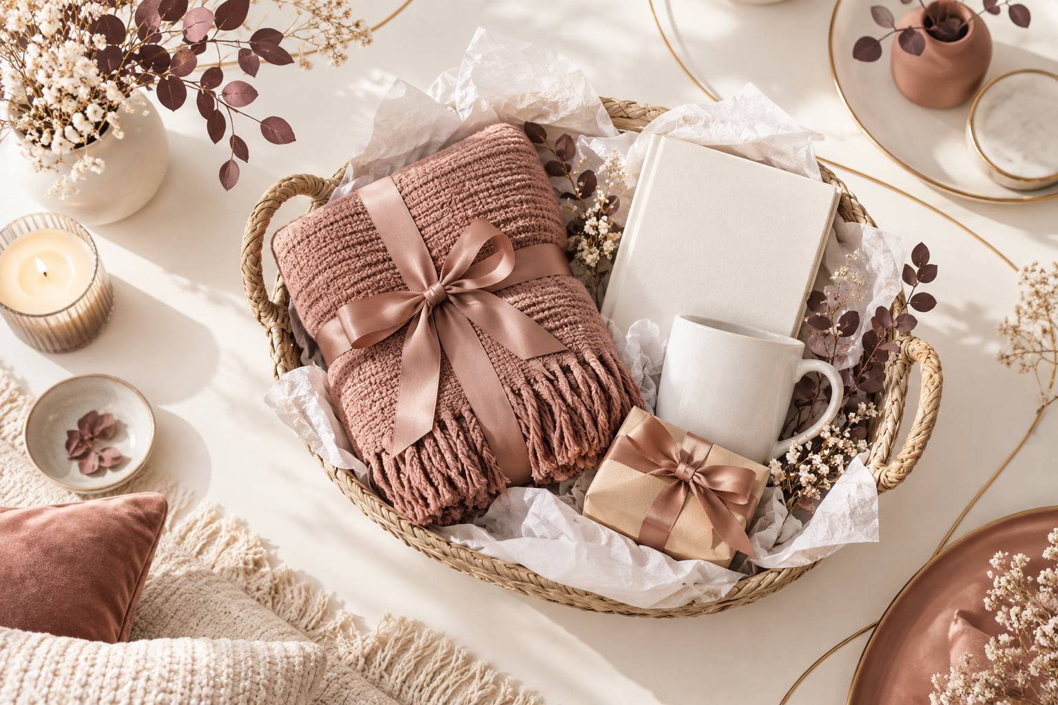 Panier de petits cadeaux neutres poses dans un interieur cosy