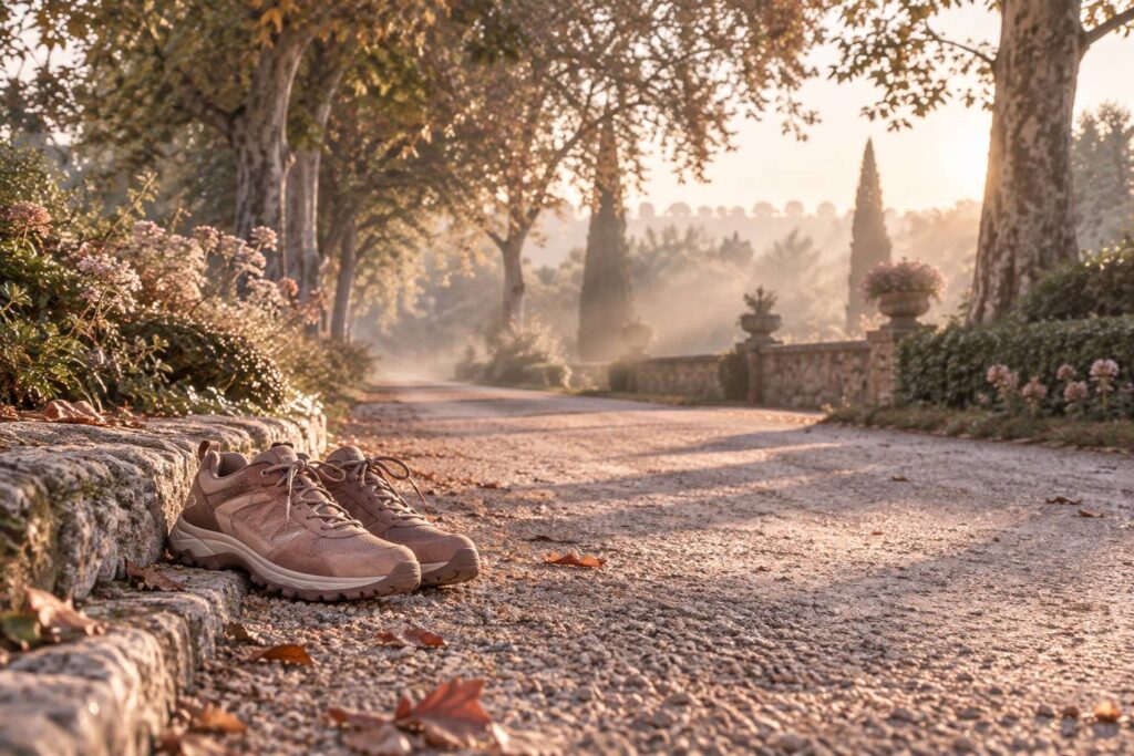 Chemin de parc au petit matin avec chaussures de marche posees sur le bord