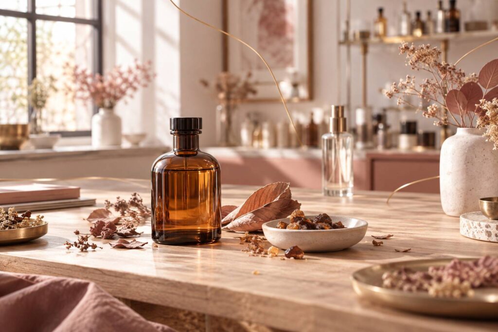 Flacon de parfum ambre et feuilles sechees sur une table de bois clair