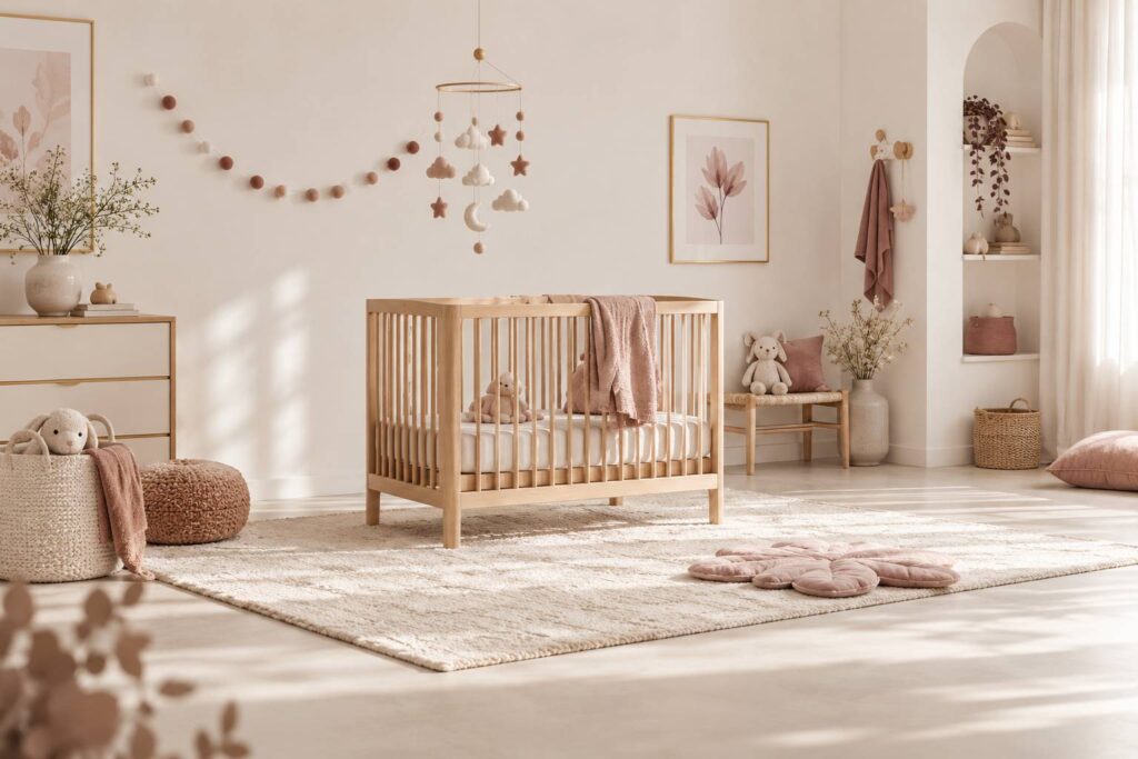 Chambre d'enfant lumineuse avec berceau en bois clair