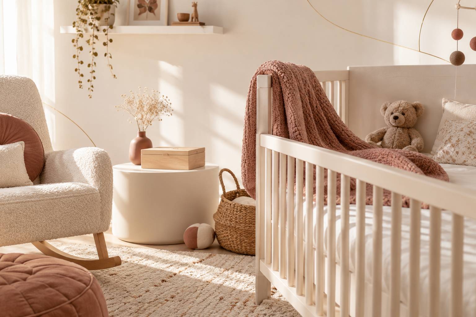 Coin de chambre de bebe avec plaid et peluche