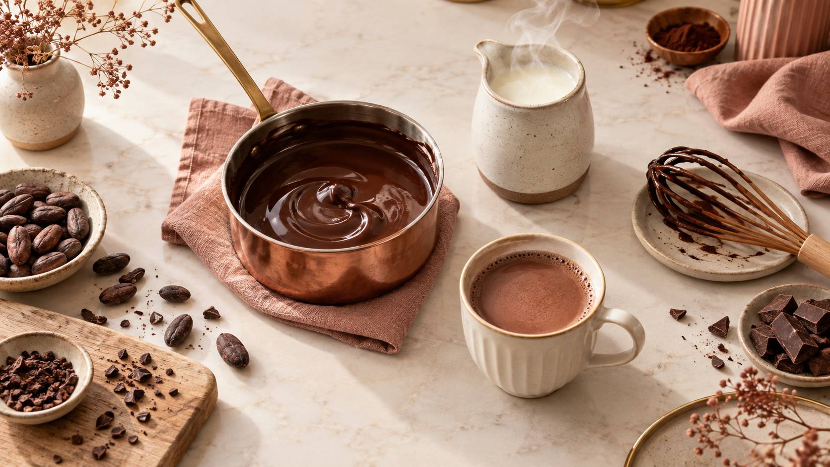 Cacao fondu et lait chaud dans une casserole avec fouet en bois