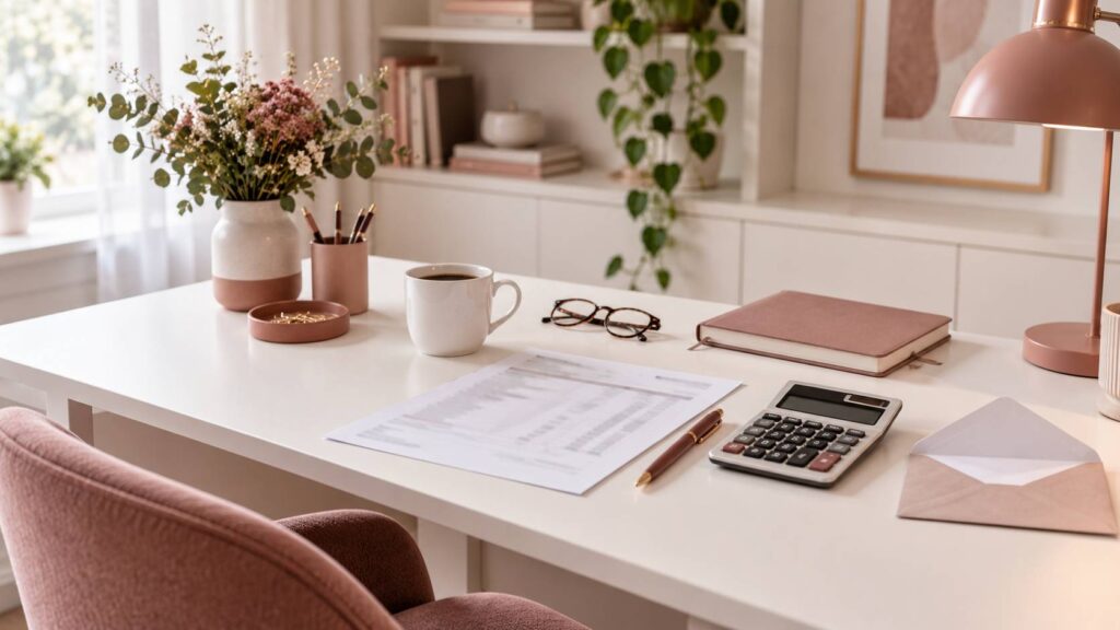 Relevé bancaire aux montants flous et calculatrice sur un bureau éclairé