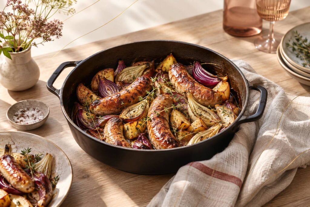 Saucisses dorées au four sur un lit d'oignons rouges, fenouil et pommes de terre