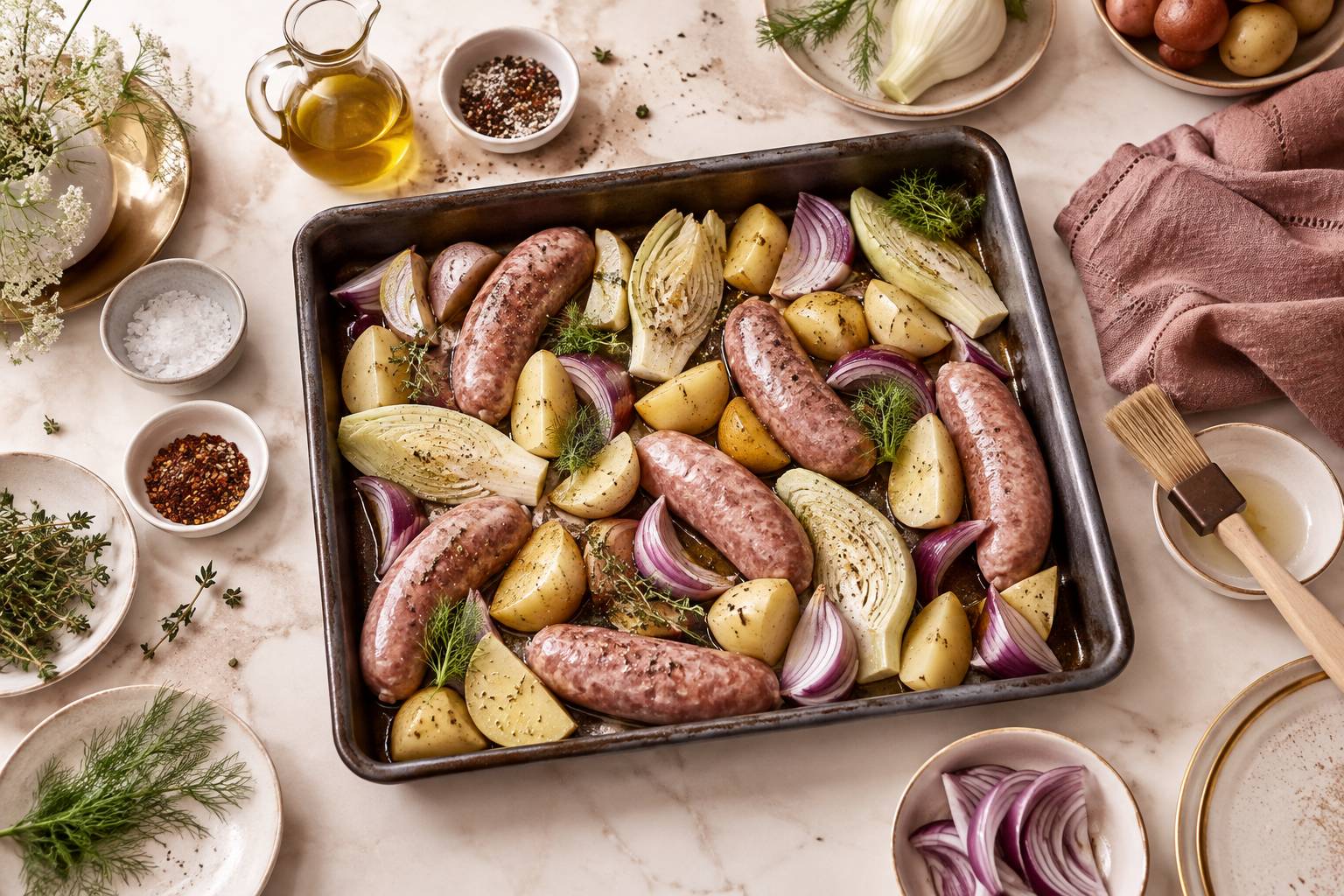 Plaque de four garnie de saucisses crues et de légumes racines émincés