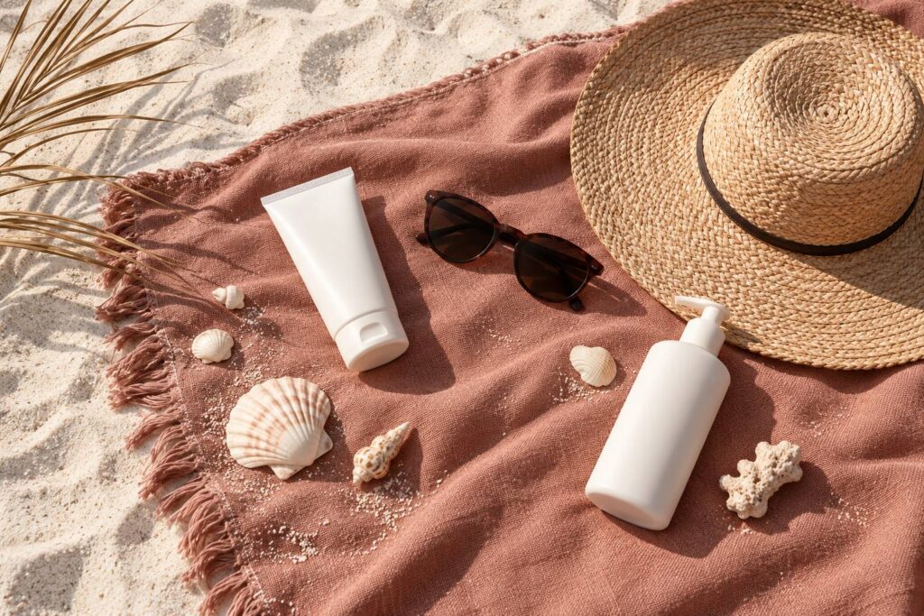 Composition à plat avec tube de crème sans étiquette, chapeau, lunettes et coquillages